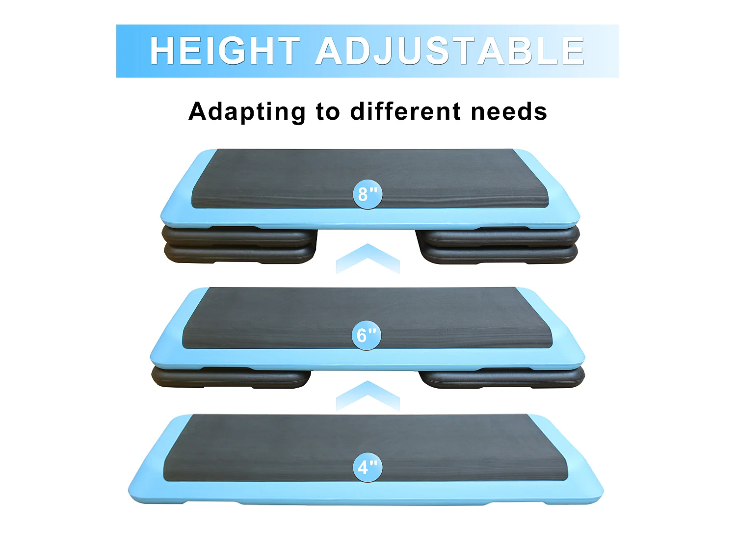 Plateforme d'aérobic réglable, surface antidérapante, plastique ABS, bleu, avec 4 rehausseurs (109x41x11 cm)