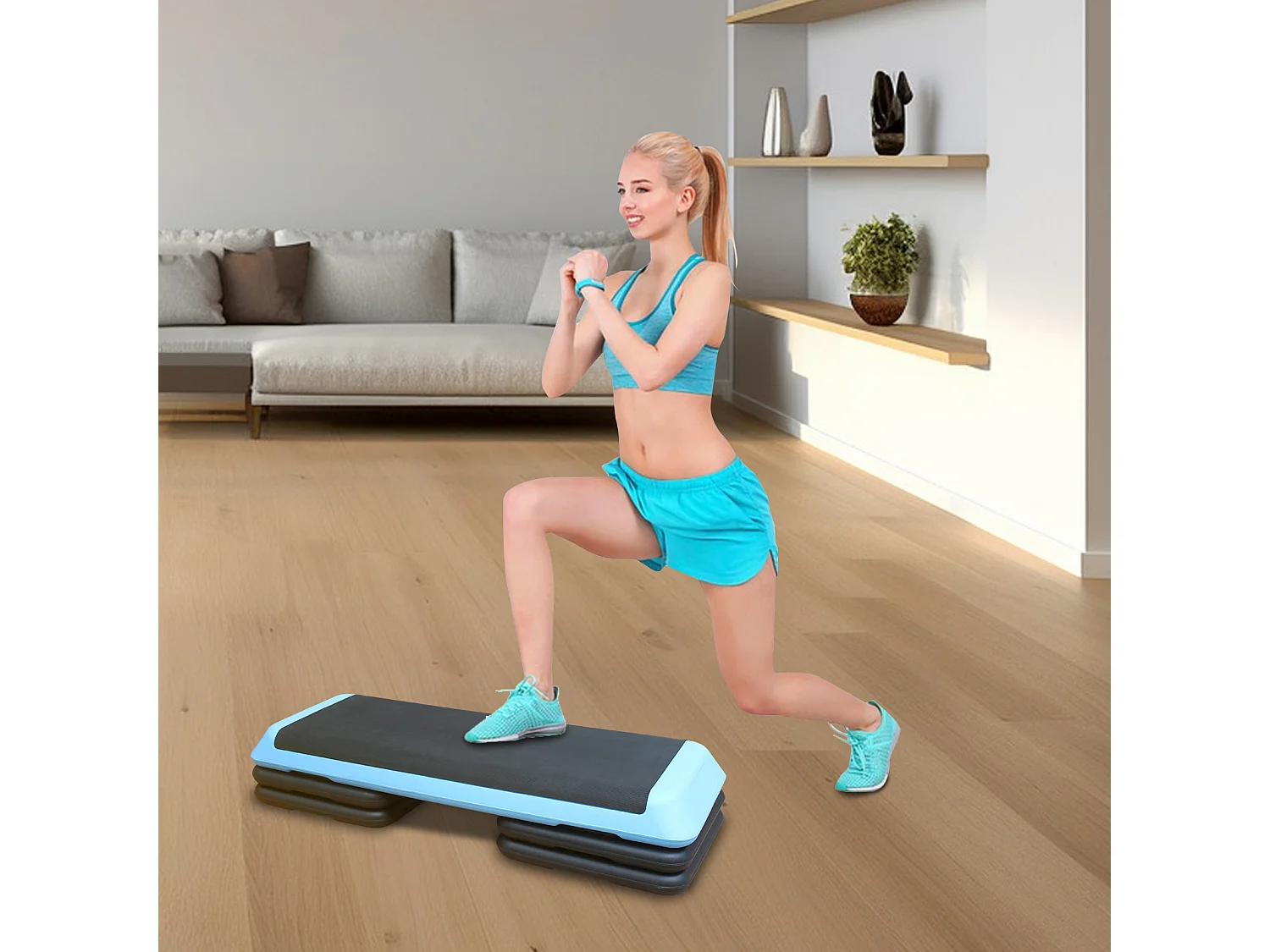 Plateforme d'aérobic réglable, surface antidérapante, plastique ABS, bleu, avec 4 rehausseurs (109x41x11 cm)