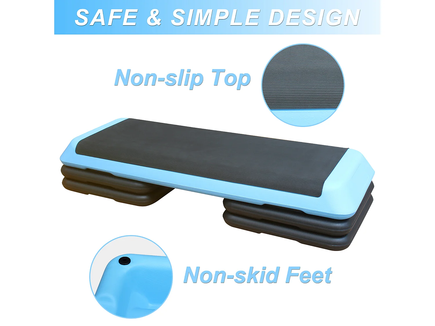 Plateforme d'aérobic réglable, surface antidérapante, plastique ABS, bleu, avec 4 rehausseurs (109x41x11 cm)