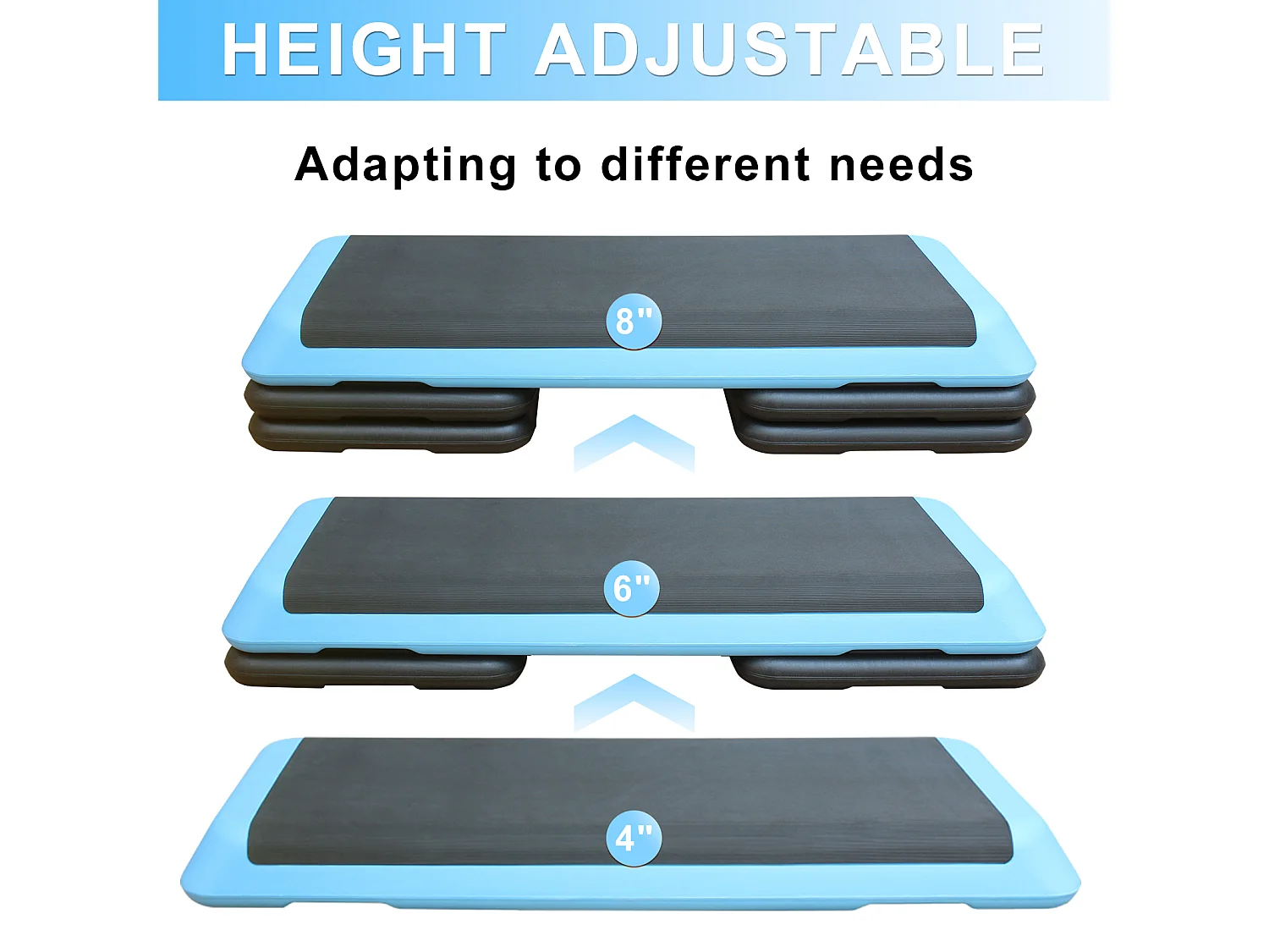 Plateforme d'aérobic réglable, surface antidérapante, plastique ABS, bleu, avec 4 rehausseurs (109x41x11 cm)