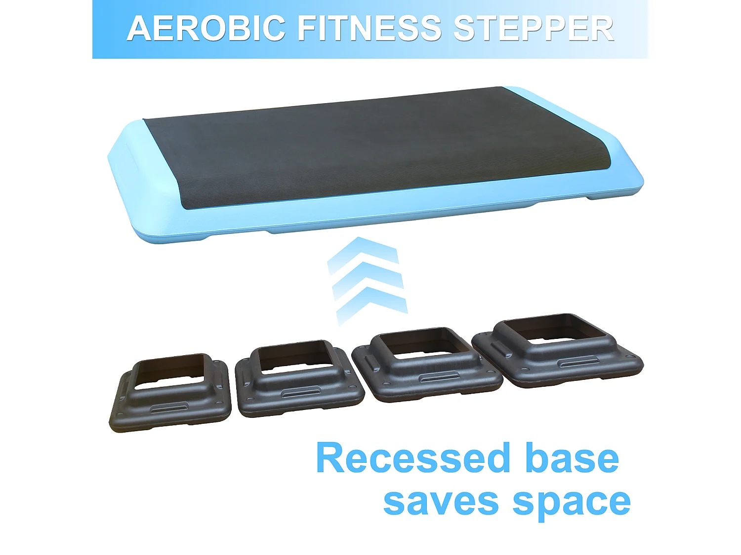 Plateforme d'aérobic réglable, surface antidérapante, plastique ABS, bleu, avec 4 rehausseurs (109x41x11 cm)