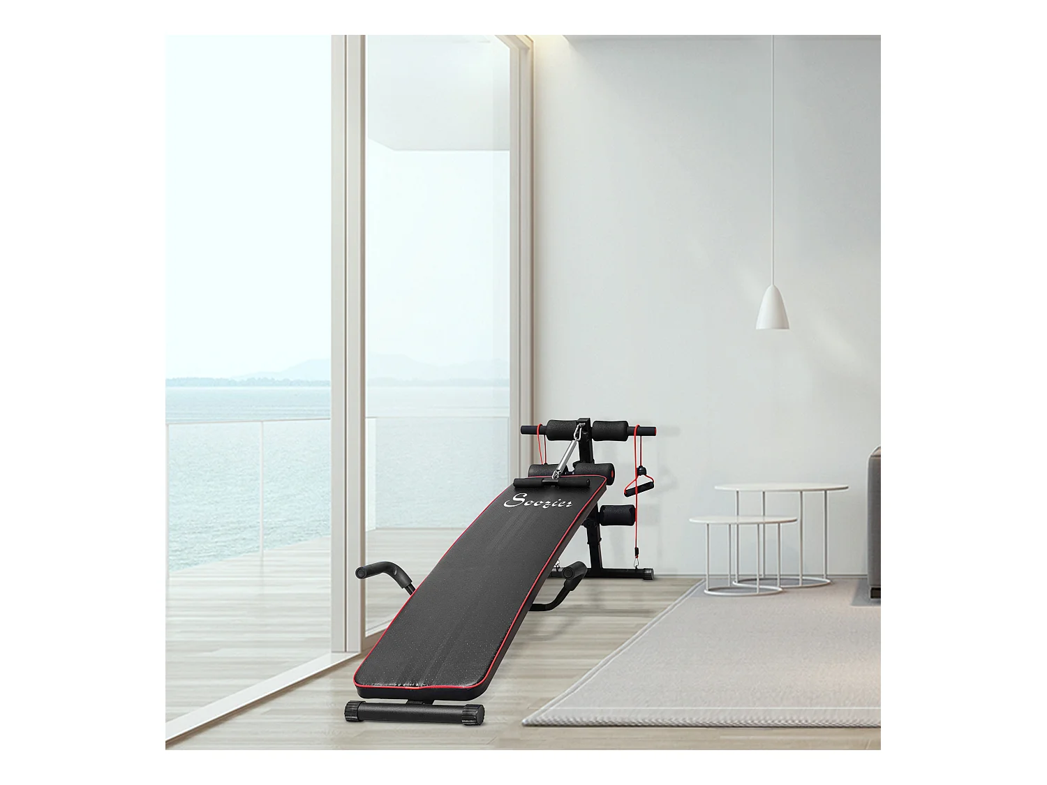 Banc d'entraînement abdominal réglable avec bandes de résistance, acier, noir (137.5x55.5x50-68cm)