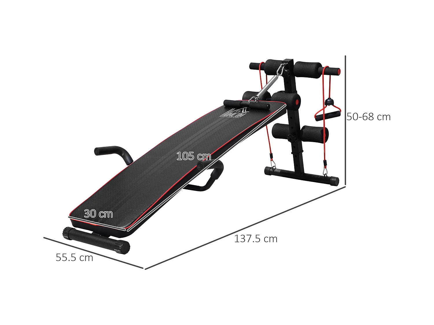 Banc d'entraînement abdominal réglable avec bandes de résistance, acier, noir (137.5x55.5x50-68cm)