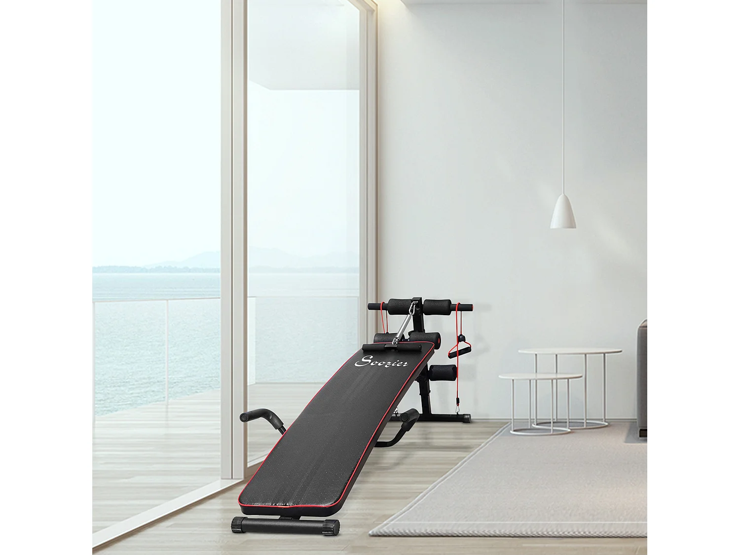 Banc d'entraînement abdominal réglable avec bandes de résistance, acier, noir (137.5x55.5x50-68cm)