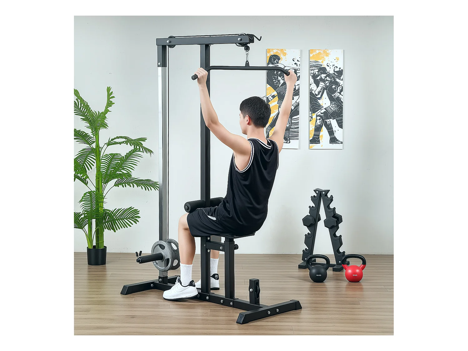 Station de fitness multifonction avec siège réglable et poulie, acier, noir (107x120x190cm)