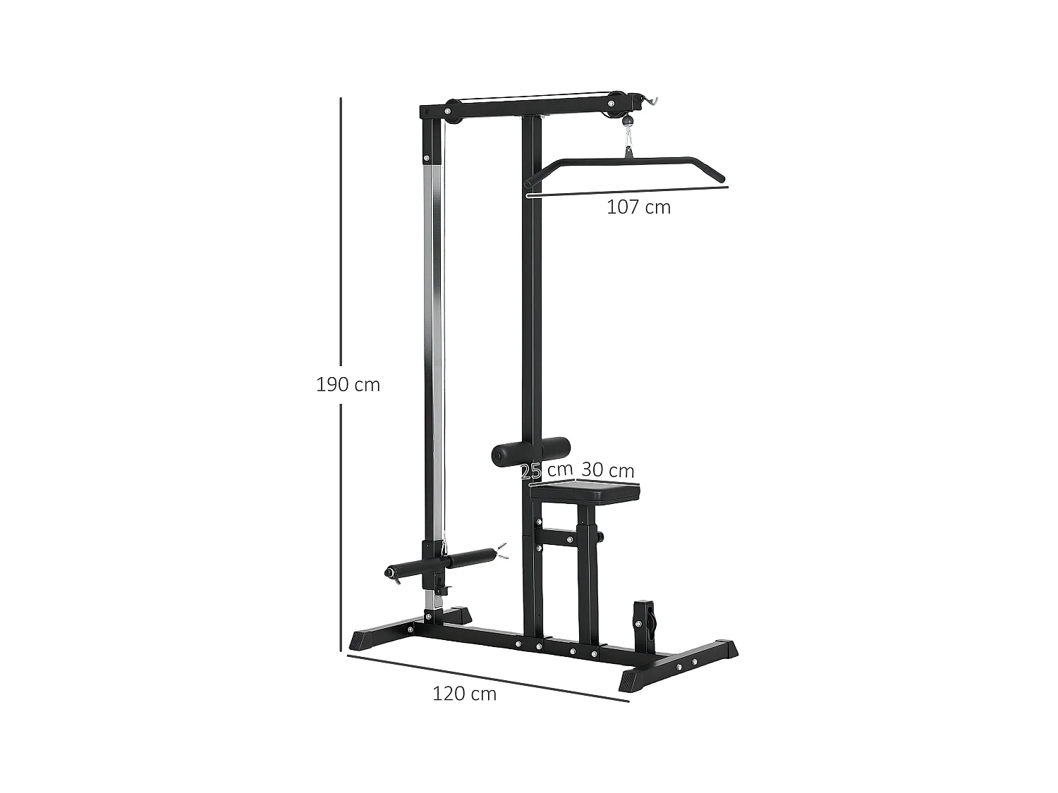 Station de fitness multifonction avec siège réglable et poulie, acier, noir (107x120x190cm)