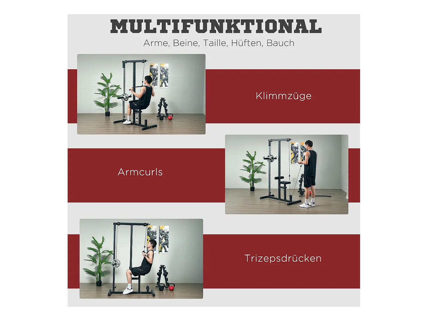 Station de fitness multifonction avec siège réglable et poulie, acier, noir (107x120x190cm)