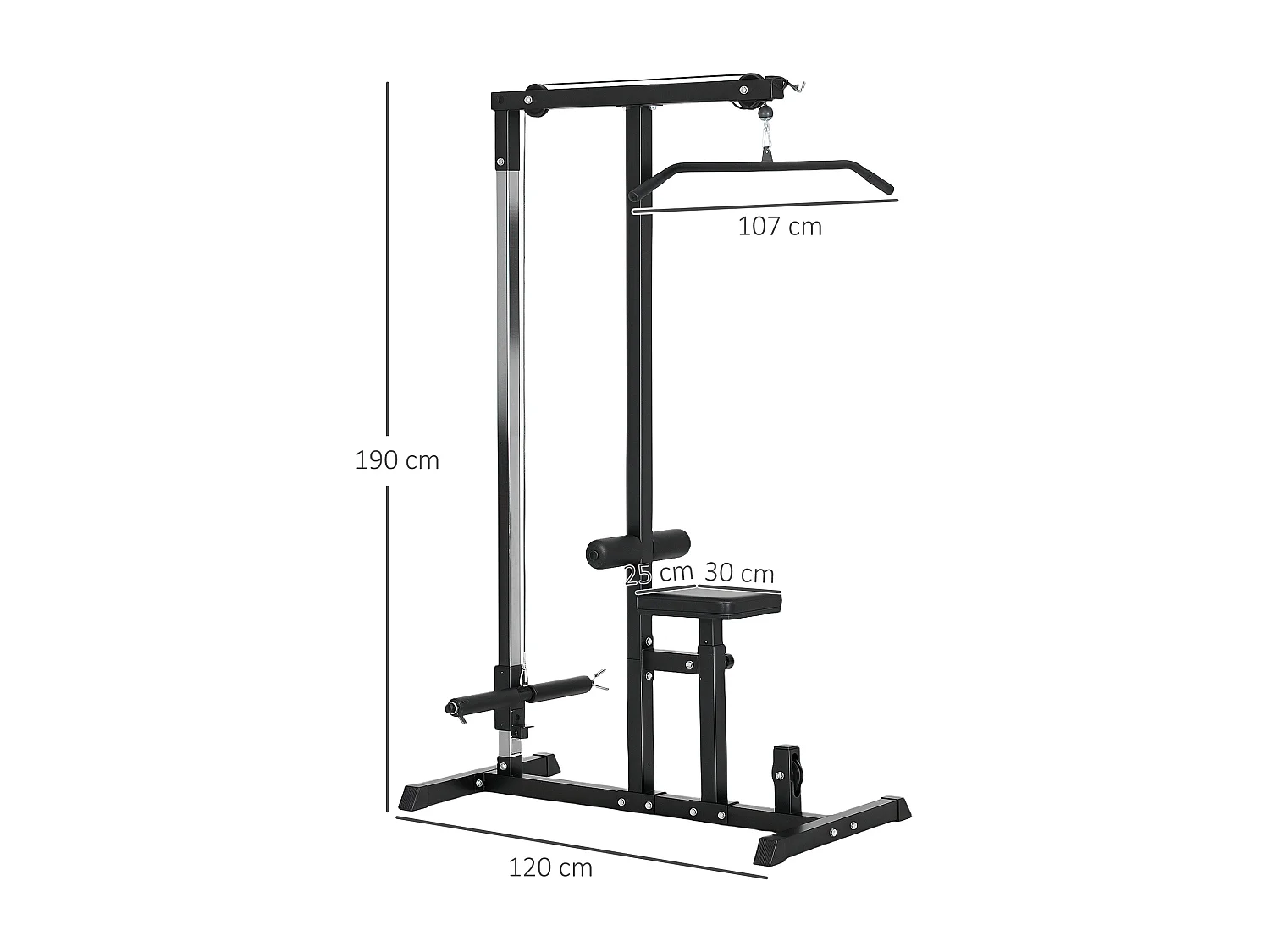 Station de fitness multifonction avec siège réglable et poulie, acier, noir (107x120x190cm)