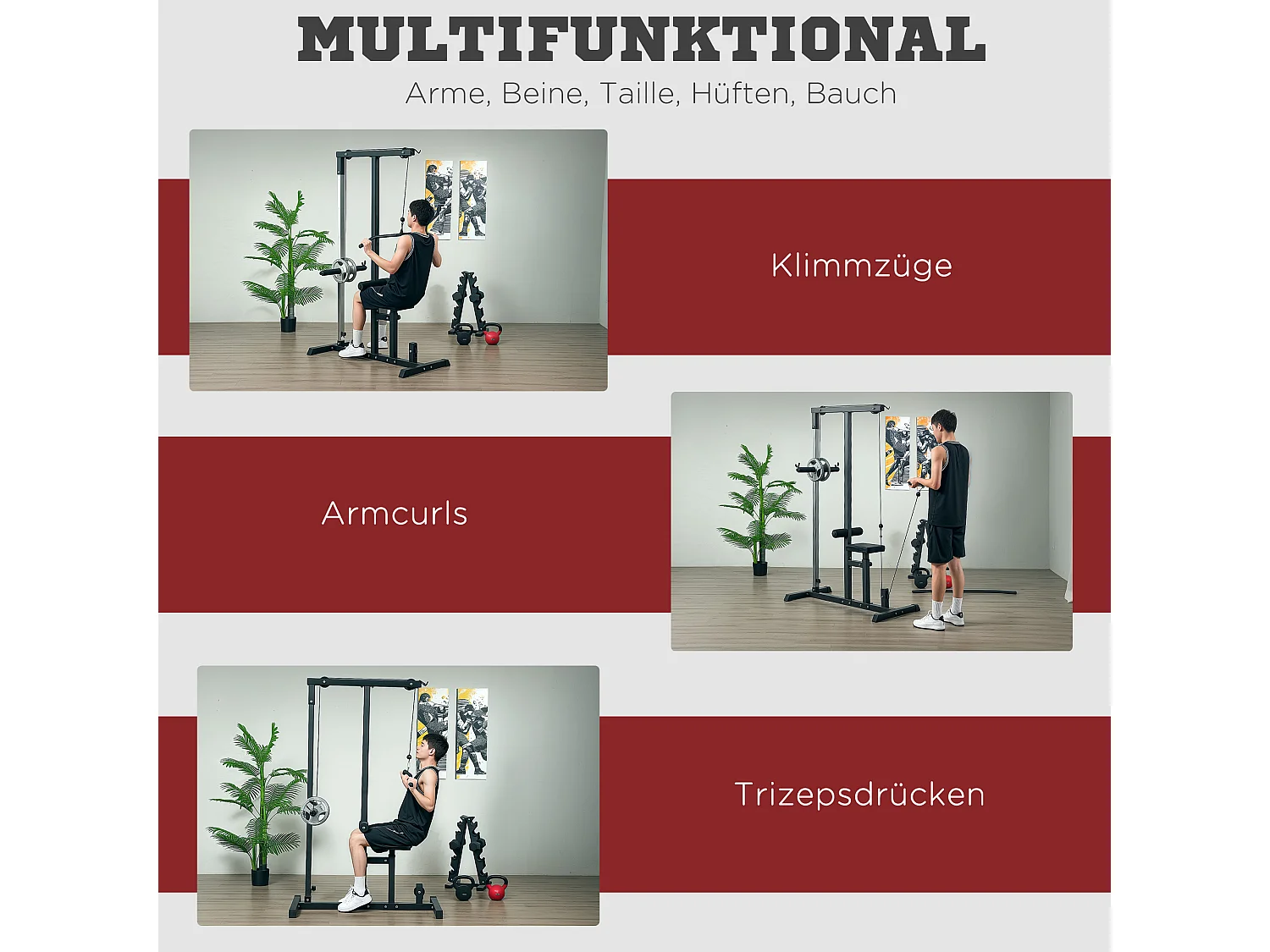 Station de fitness multifonction avec siège réglable et poulie, acier, noir (107x120x190cm)