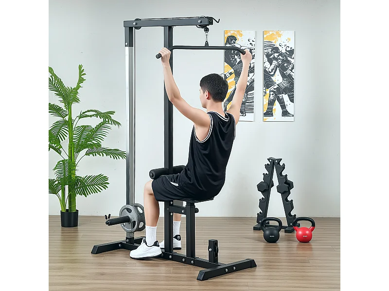 Station de fitness multifonction avec siège réglable et poulie, acier, noir (107x120x190cm)