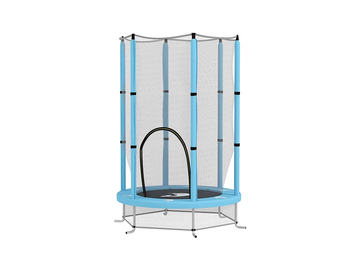 Cama elástica infantil con red de seguridad, estructura estable, plástico y acero, azul claro (140x140x190cm)