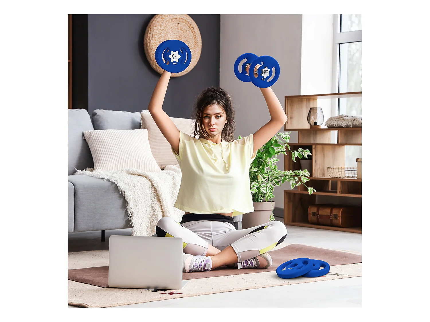 Set de 2 Hantelscheiben, 2 x 4 kg, pour barres de 2.5 cm, plastique, bleu (18x18x3 cm)