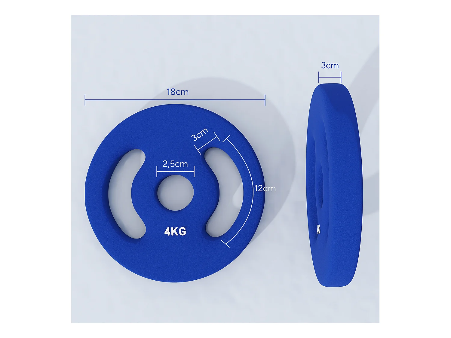 Set de 2 Hantelscheiben, 2 x 4 kg, pour barres de 2.5 cm, plastique, bleu (18x18x3 cm)