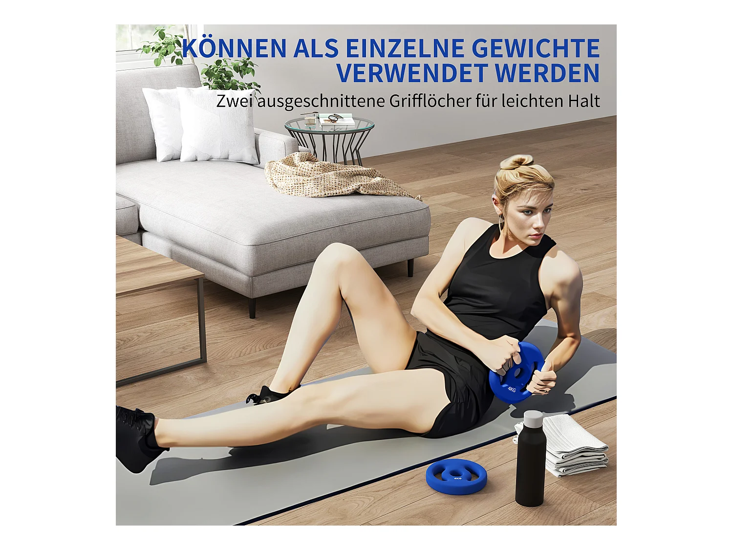 Set de 2 Hantelscheiben, 2 x 4 kg, pour barres de 2.5 cm, plastique, bleu (18x18x3 cm)