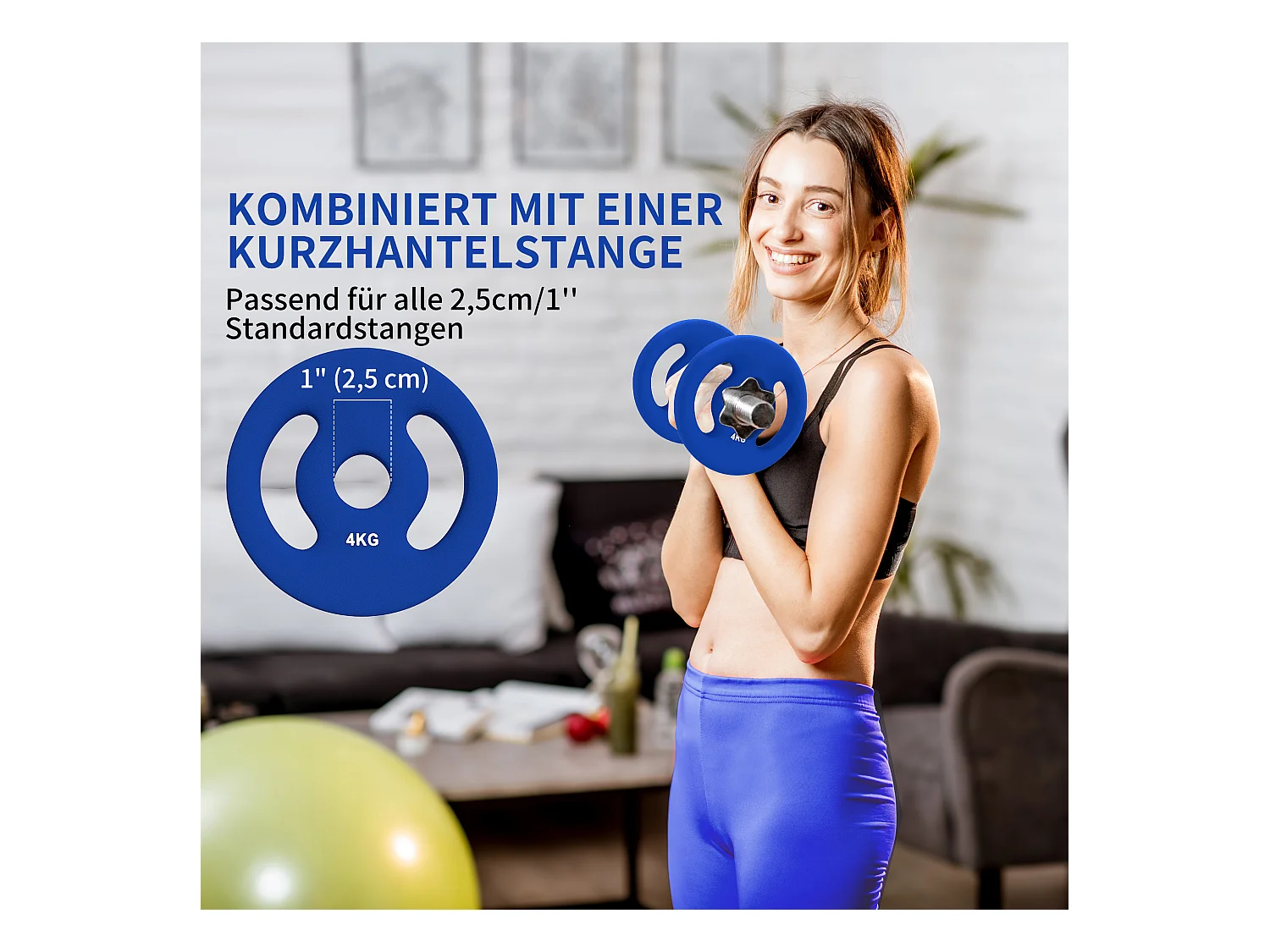 Set de 2 Hantelscheiben, 2 x 4 kg, pour barres de 2.5 cm, plastique, bleu (18x18x3 cm)