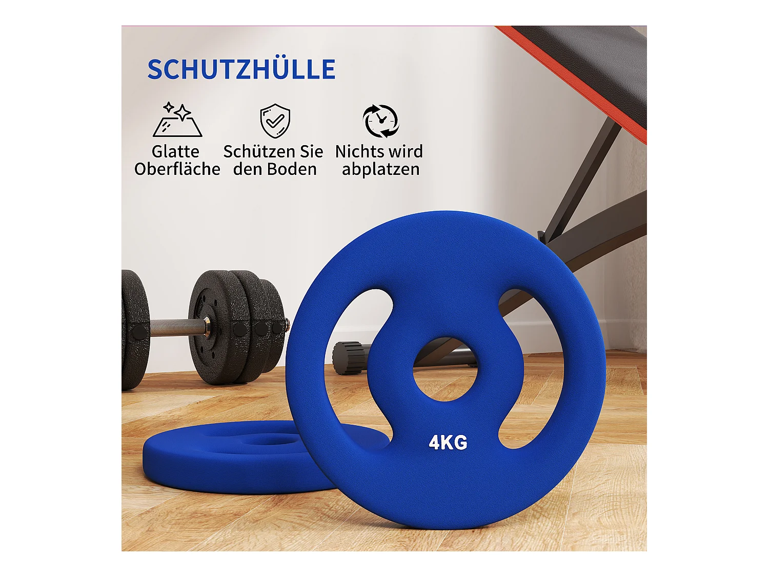 Set de 2 Hantelscheiben, 2 x 4 kg, pour barres de 2.5 cm, plastique, bleu (18x18x3 cm)