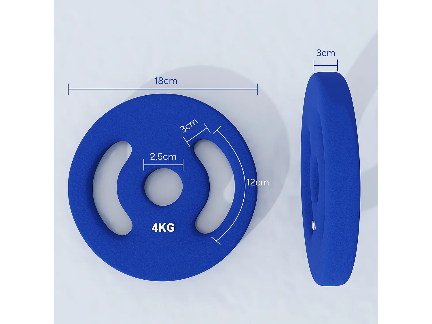 Set de 2 Hantelscheiben, 2 x 4 kg, pour barres de 2.5 cm, plastique, bleu (18x18x3 cm)