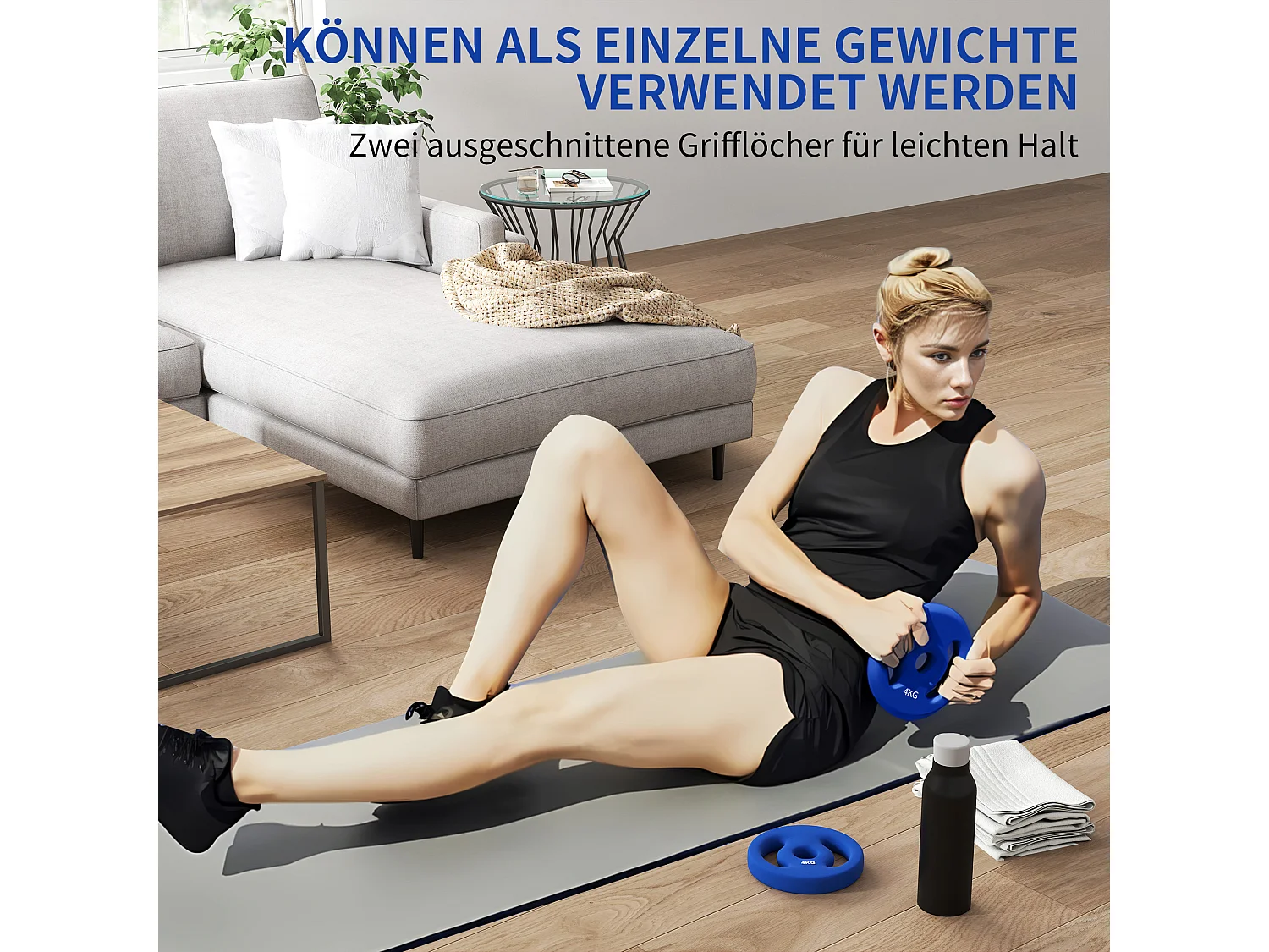 Set de 2 Hantelscheiben, 2 x 4 kg, pour barres de 2.5 cm, plastique, bleu (18x18x3 cm)