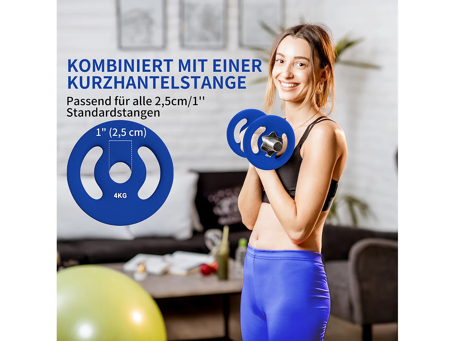 Set de 2 Hantelscheiben, 2 x 4 kg, pour barres de 2.5 cm, plastique, bleu (18x18x3 cm)