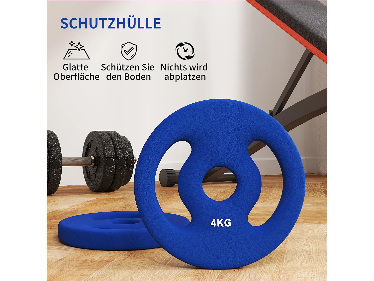 Set de 2 Hantelscheiben, 2 x 4 kg, pour barres de 2.5 cm, plastique, bleu (18x18x3 cm)