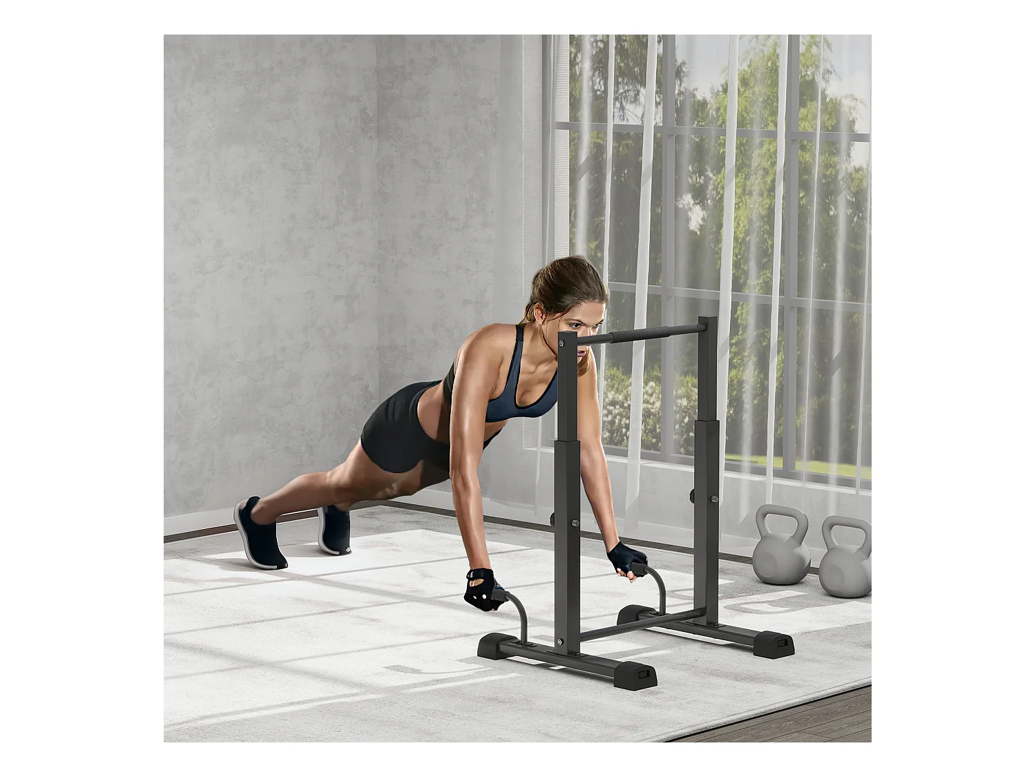Station de dips réglable, en métal, jusqu'à 540 kg, pour entraînement à domicile, noir (65x63x93-117 cm)