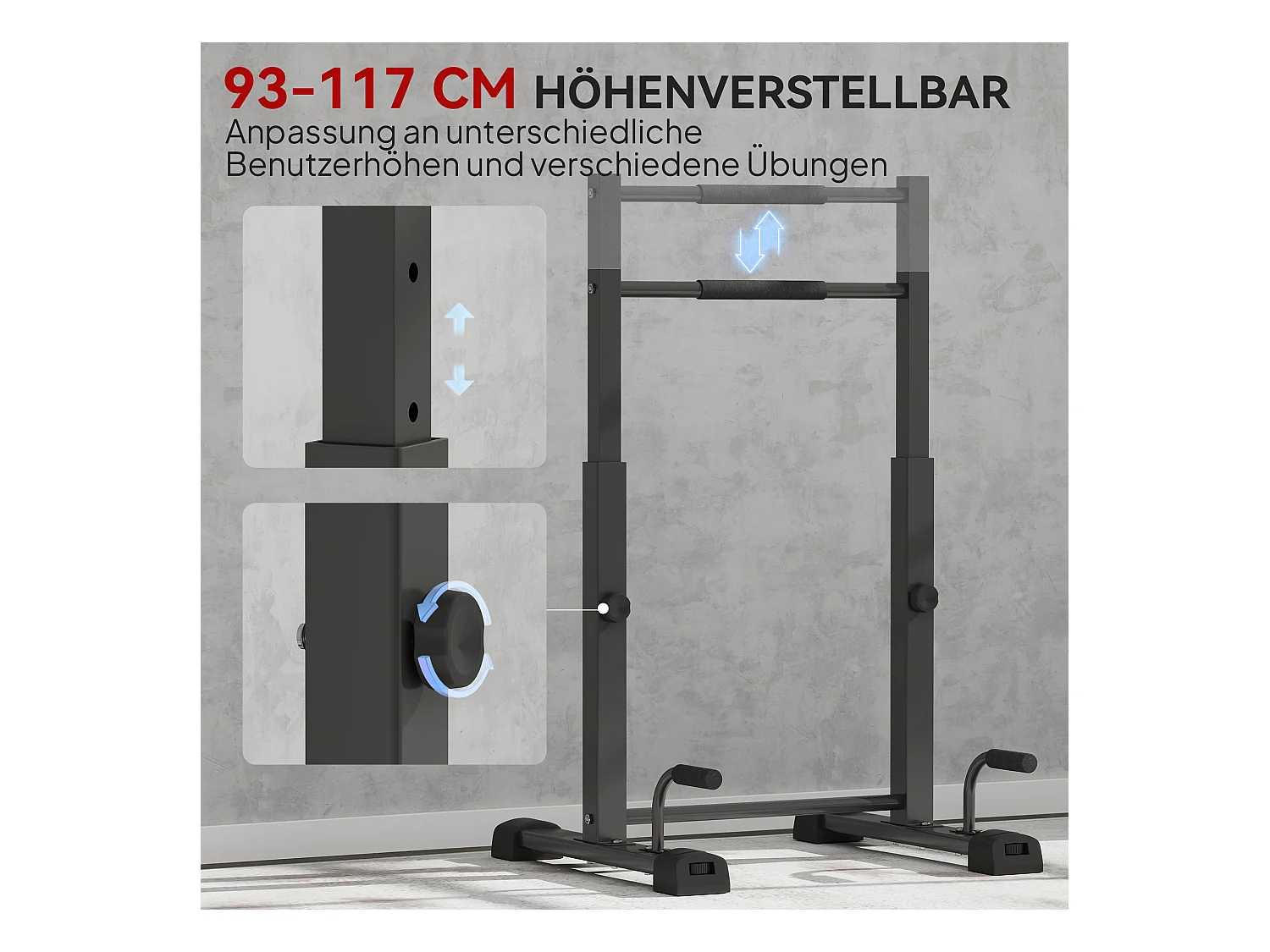 Station de dips réglable, en métal, jusqu'à 540 kg, pour entraînement à domicile, noir (65x63x93-117 cm)