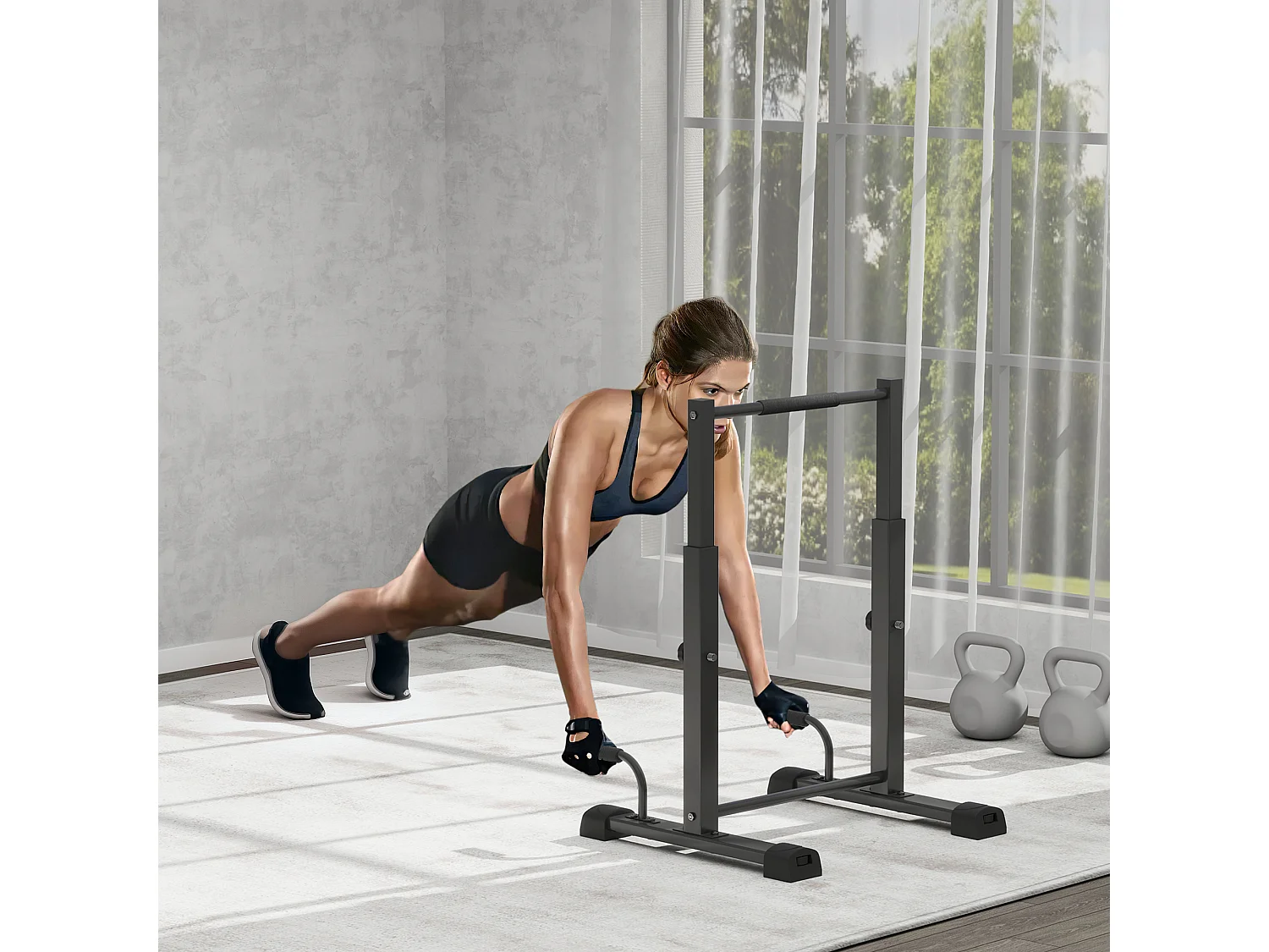 Station de dips réglable, en métal, jusqu'à 540 kg, pour entraînement à domicile, noir (65x63x93-117 cm)