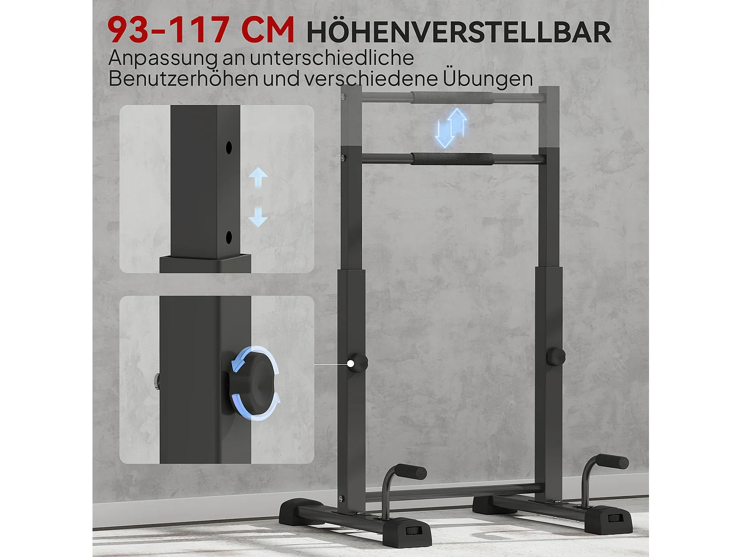 Station de dips réglable, en métal, jusqu'à 540 kg, pour entraînement à domicile, noir (65x63x93-117 cm)