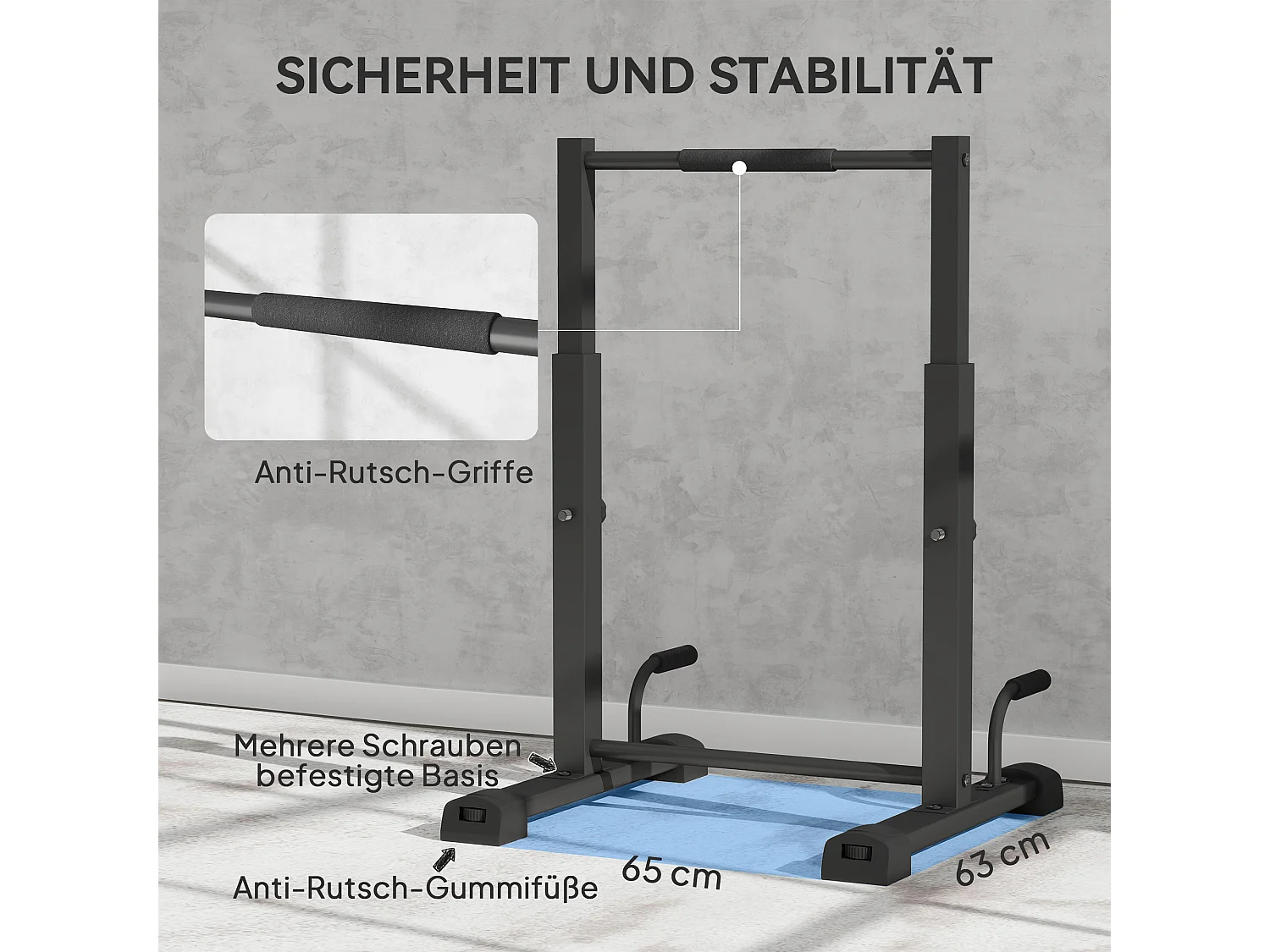 Station de dips réglable, en métal, jusqu'à 540 kg, pour entraînement à domicile, noir (65x63x93-117 cm)