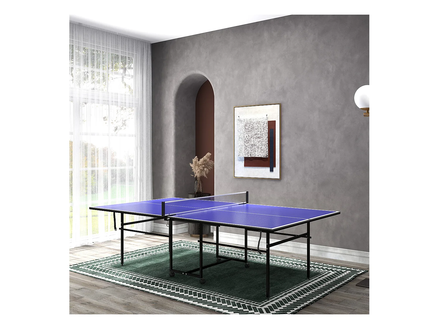 Table de ping-pong pliable en quart avec roulettes, MDF et acier, bleu, incl. 2 raquettes et 3 balles (274x152.5x75.5 cm)