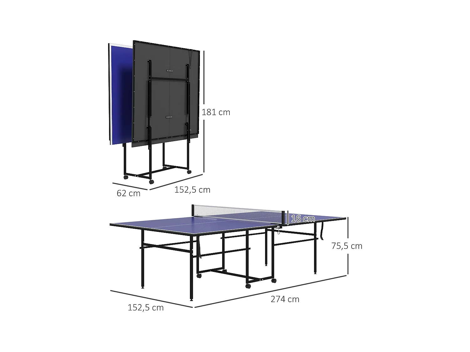 Table de ping-pong pliable en quart avec roulettes, MDF et acier, bleu, incl. 2 raquettes et 3 balles (274x152.5x75.5 cm)