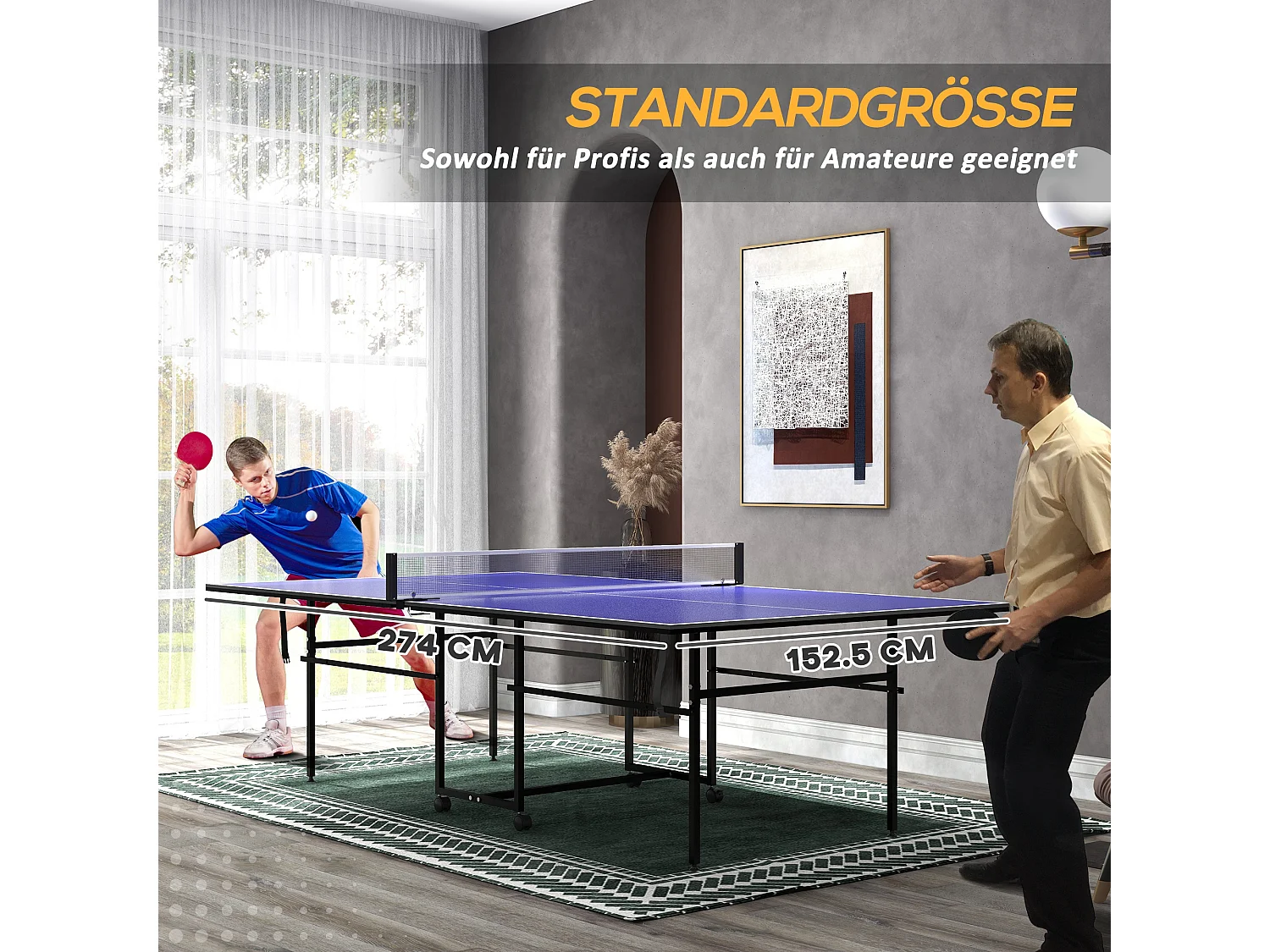 Table de ping-pong pliable en quart avec roulettes, MDF et acier, bleu, incl. 2 raquettes et 3 balles (274x152.5x75.5 cm)