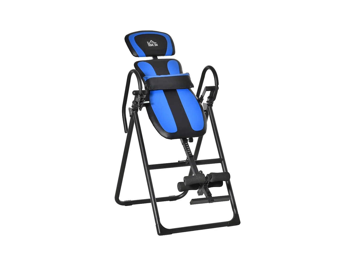 Opvouwbare inversiebank, zwaartekrachttrainer met wielen en verstelbare rugleuning, metaal en ABS, zwart en blauw (132x71x145cm)