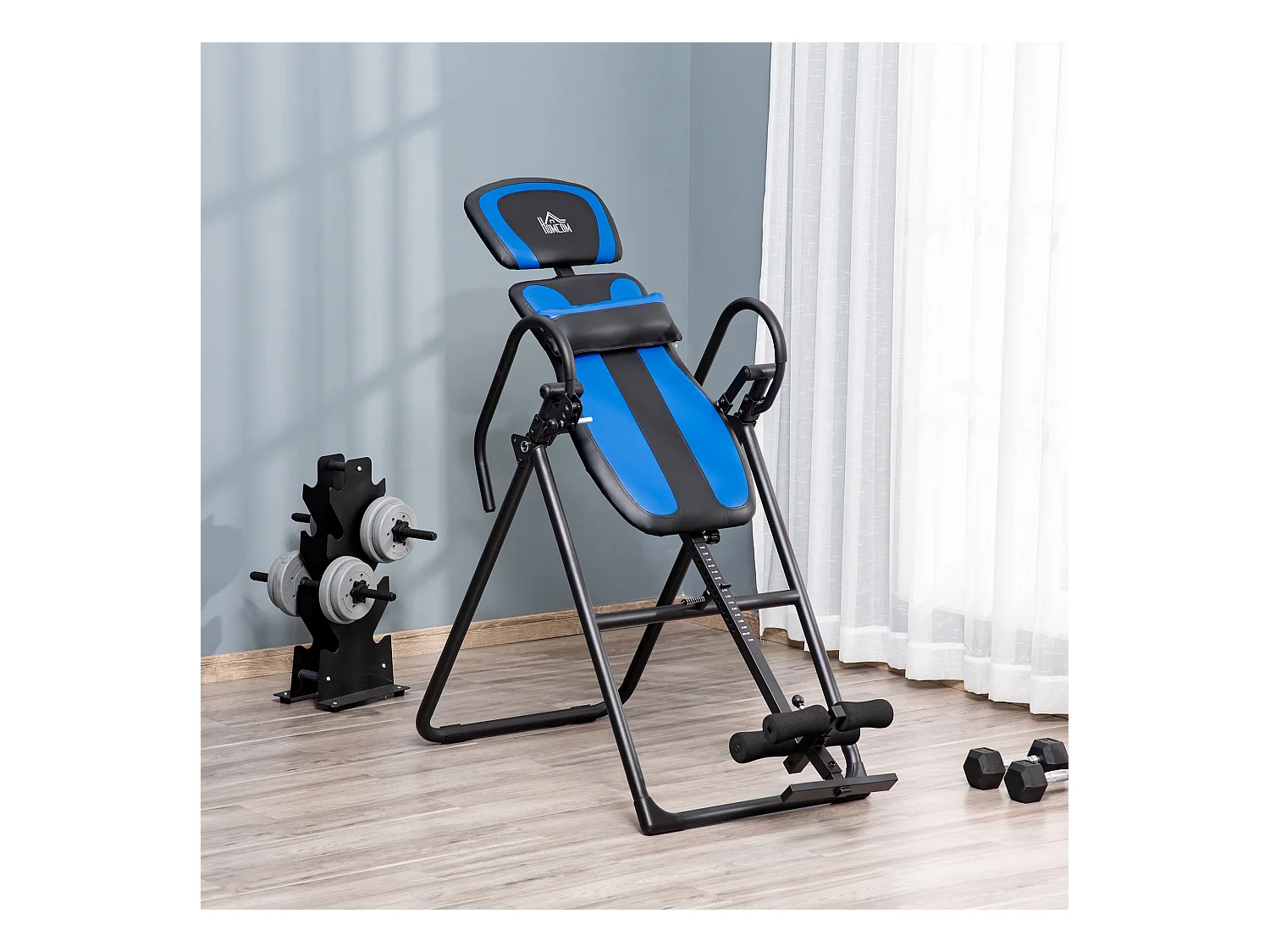 Opvouwbare inversiebank, zwaartekrachttrainer met wielen en verstelbare rugleuning, metaal en ABS, zwart en blauw (132x71x145cm)