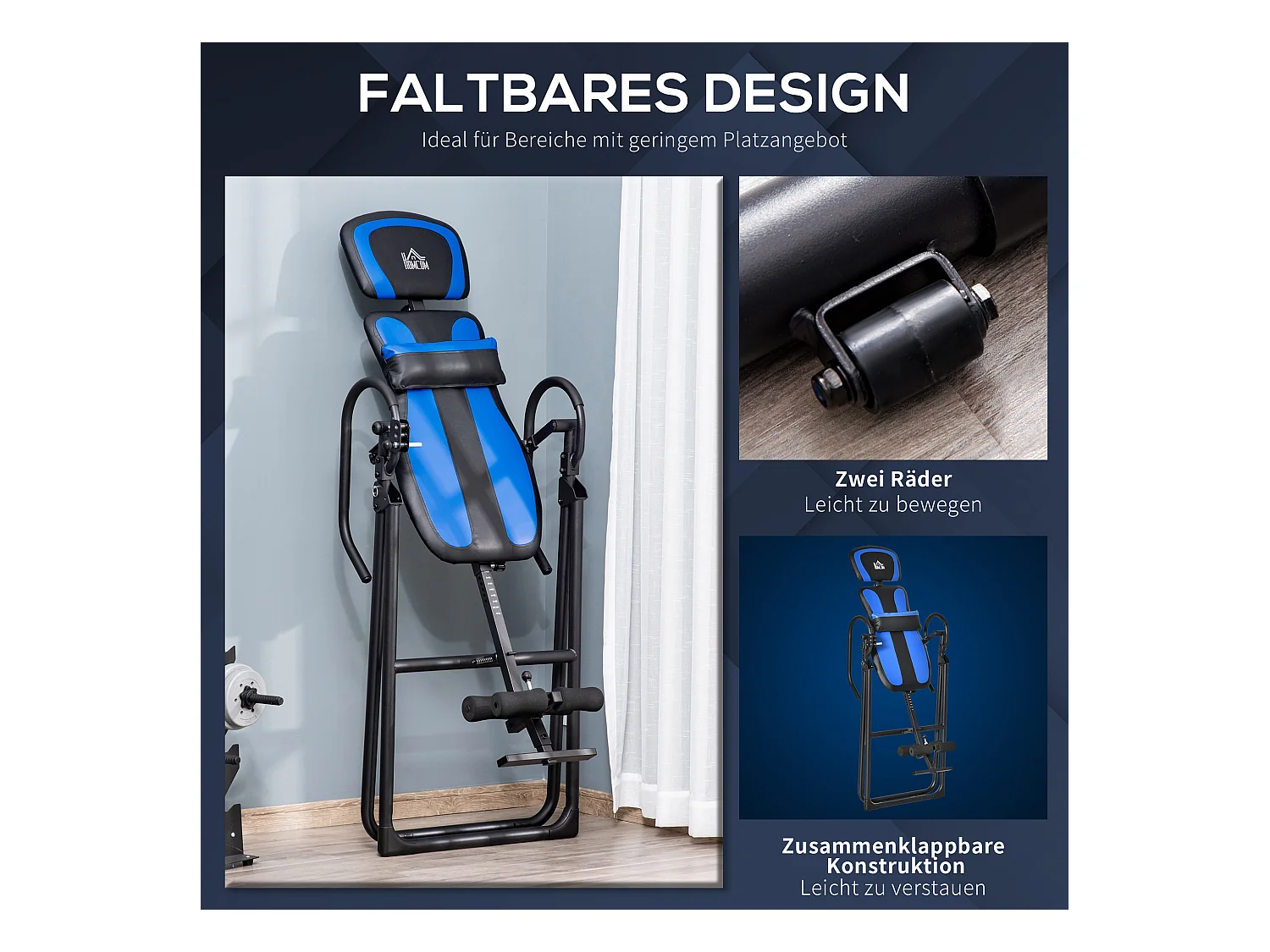 Opvouwbare inversiebank, zwaartekrachttrainer met wielen en verstelbare rugleuning, metaal en ABS, zwart en blauw (132x71x145cm)