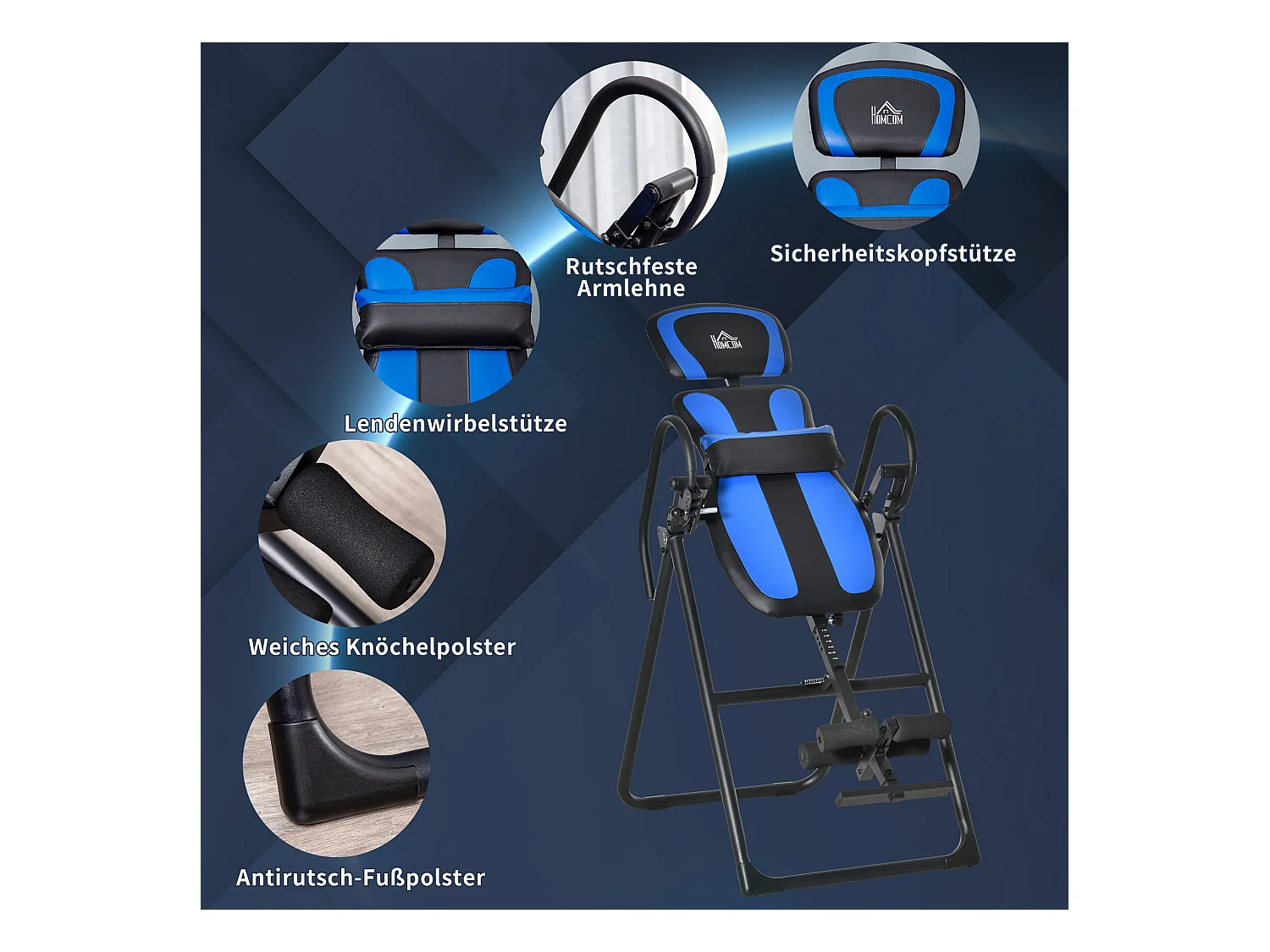 Opvouwbare inversiebank, zwaartekrachttrainer met wielen en verstelbare rugleuning, metaal en ABS, zwart en blauw (132x71x145cm)