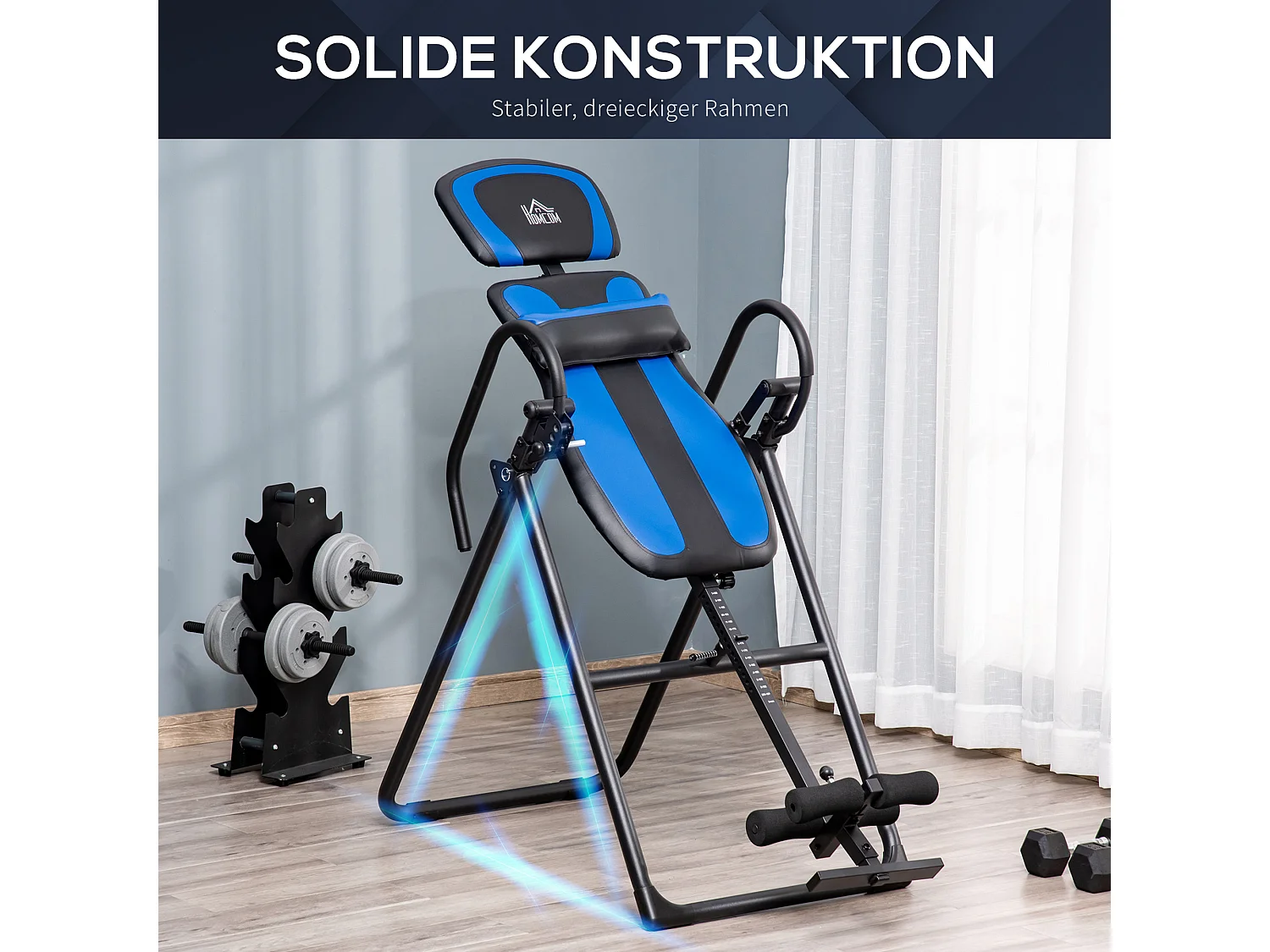 Opvouwbare inversiebank, zwaartekrachttrainer met wielen en verstelbare rugleuning, metaal en ABS, zwart en blauw (132x71x145cm)