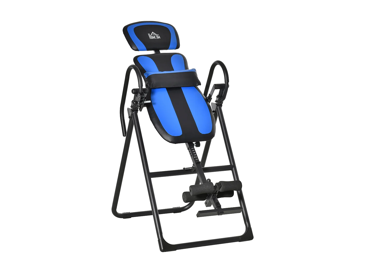 Banc d'inversion pliable, trainer de gravité avec roues et dossier réglable, métal et ABS, noir et bleu (132x71x145cm)