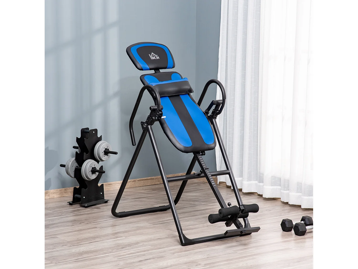 Banc d'inversion pliable, trainer de gravité avec roues et dossier réglable, métal et ABS, noir et bleu (132x71x145cm)