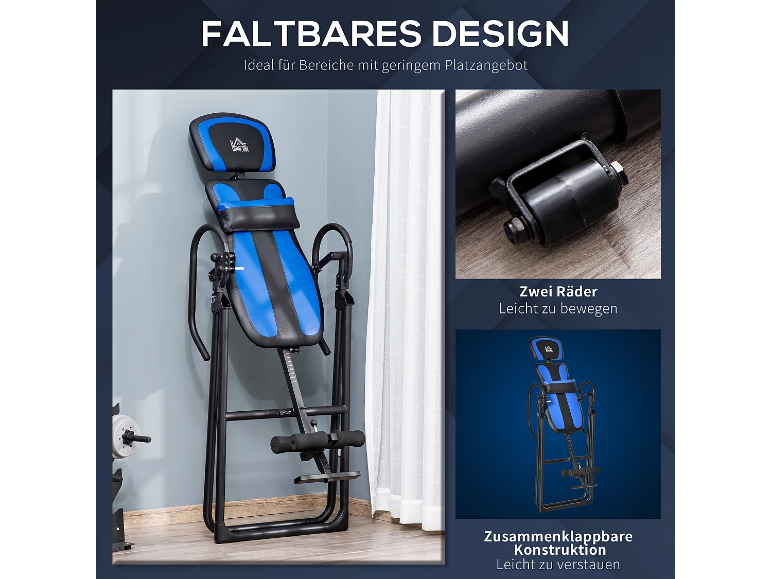 Banc d'inversion pliable, trainer de gravité avec roues et dossier réglable, métal et ABS, noir et bleu (132x71x145cm)