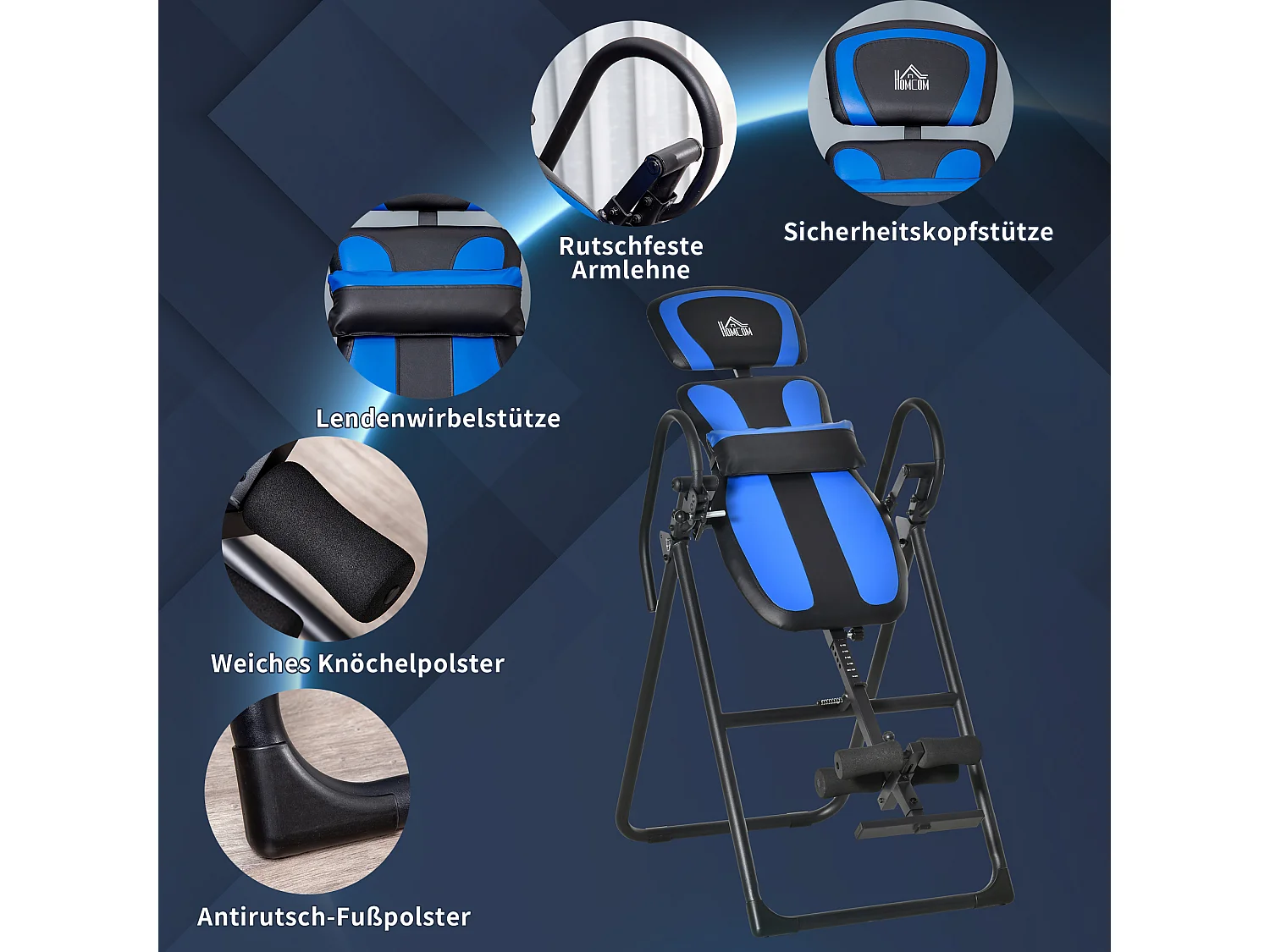 Banc d'inversion pliable, trainer de gravité avec roues et dossier réglable, métal et ABS, noir et bleu (132x71x145cm)