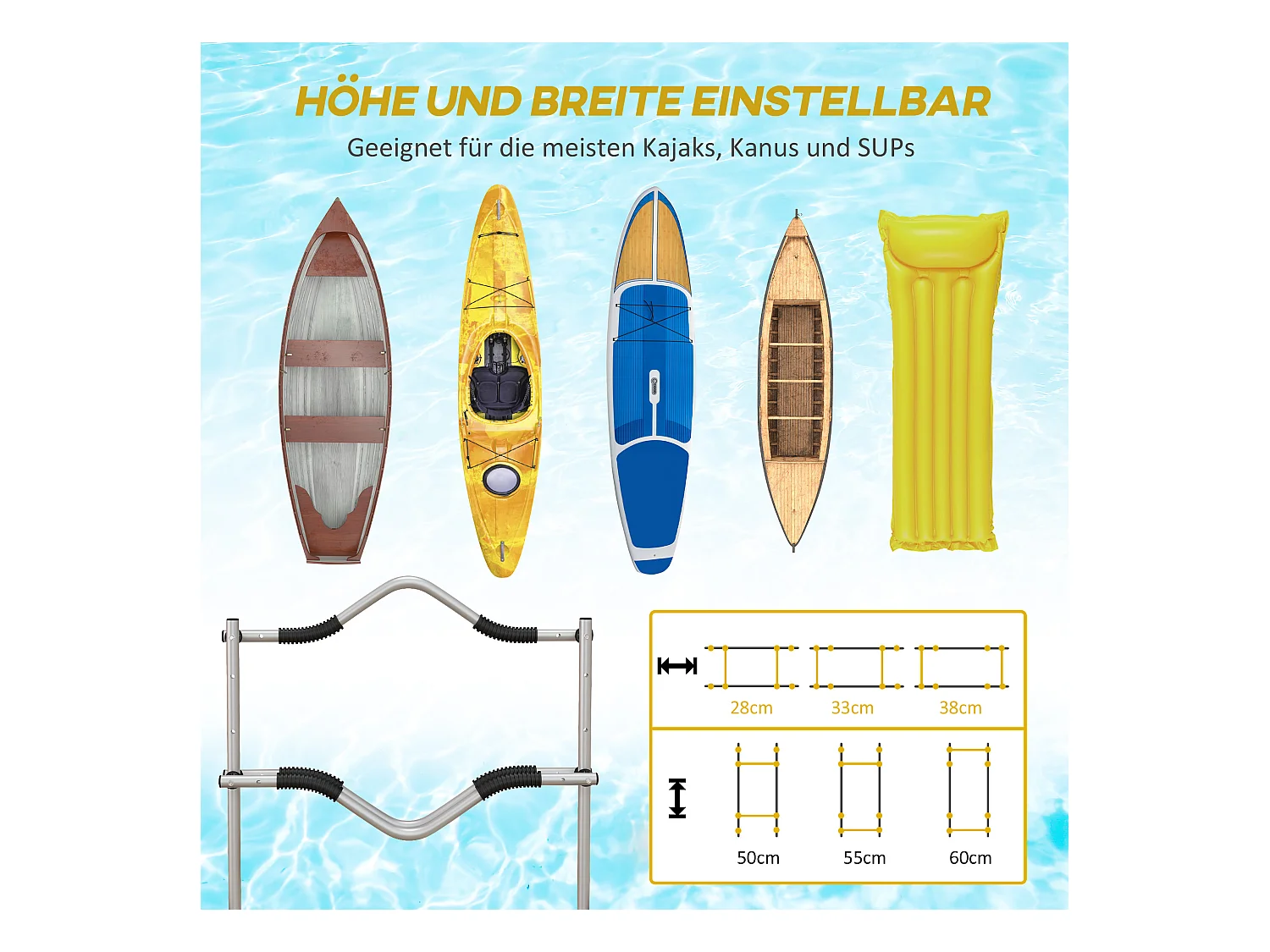 Chariot réglable pour kayak, canoë et paddleboard, aluminium, jaune (82x25.4x77.5cm)