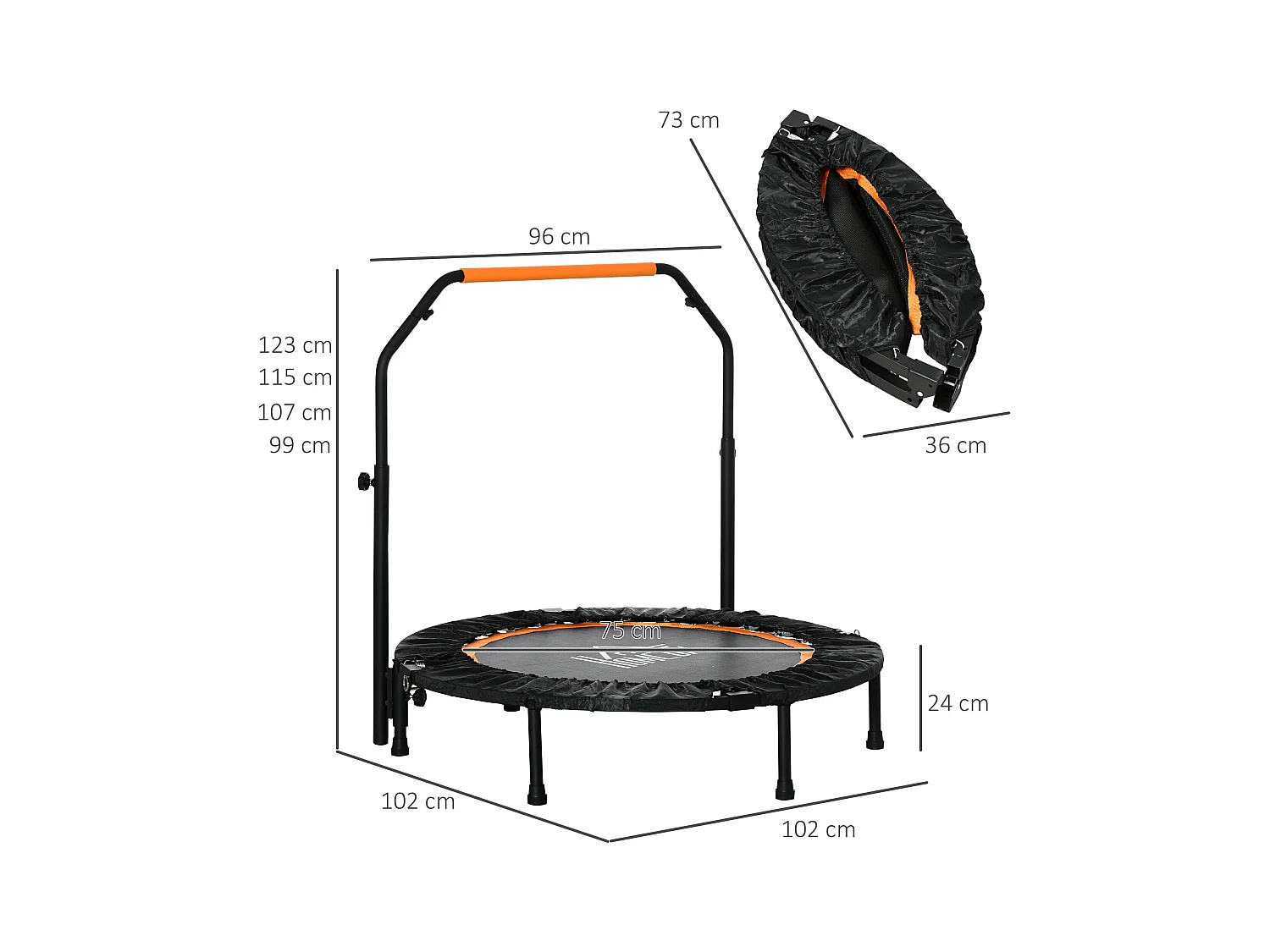 Trampoline de fitness pliable avec poignée réglable, acier, noir (102x102x123 cm)