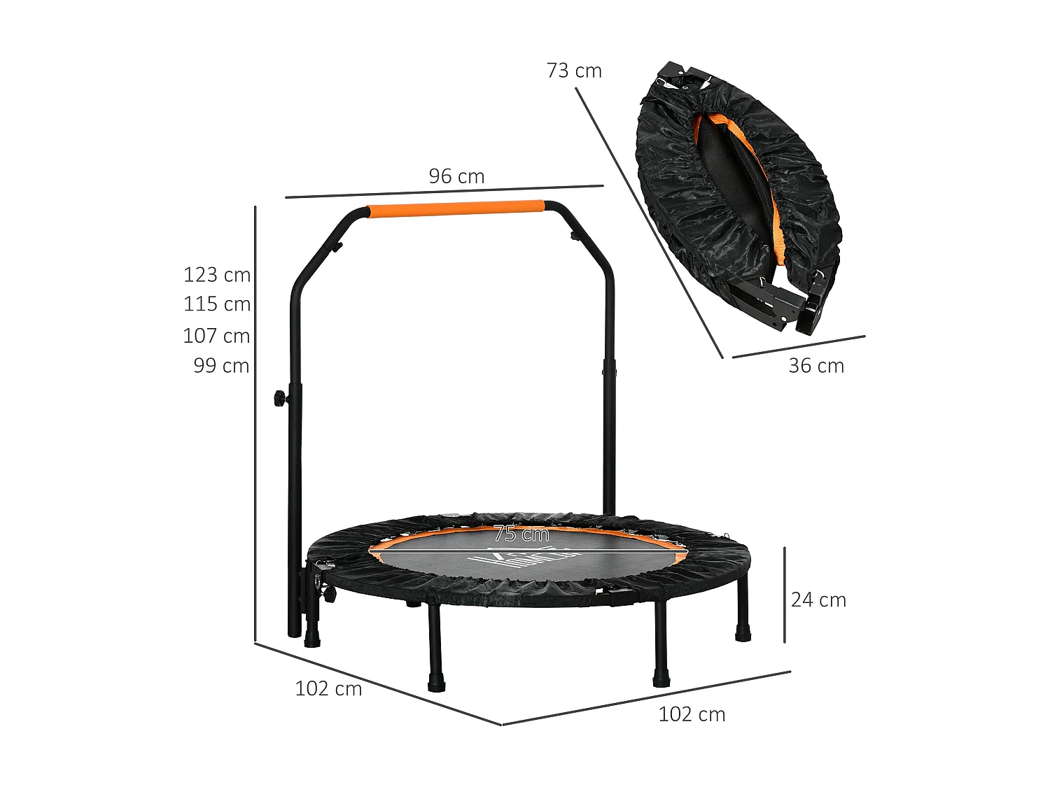 Trampoline de fitness pliable avec poignée réglable, acier, noir (102x102x123 cm)