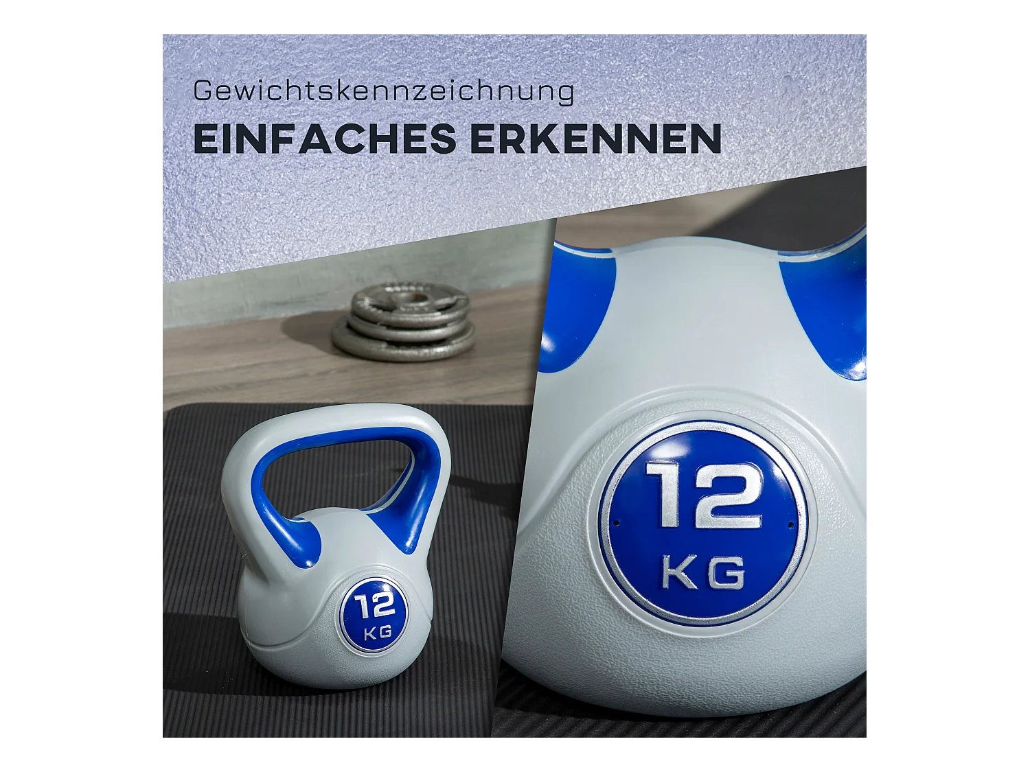 Kettlebell 12 KG, poids de sol pour entraînement, plastique, bleu (24x17x28 cm)