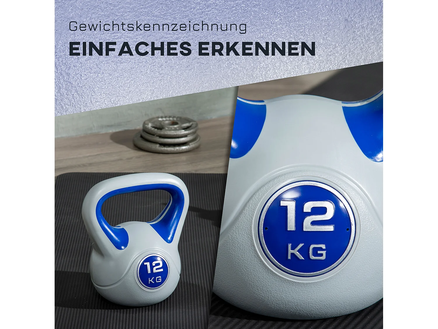 Kettlebell 12 KG, poids de sol pour entraînement, plastique, bleu (24x17x28 cm)