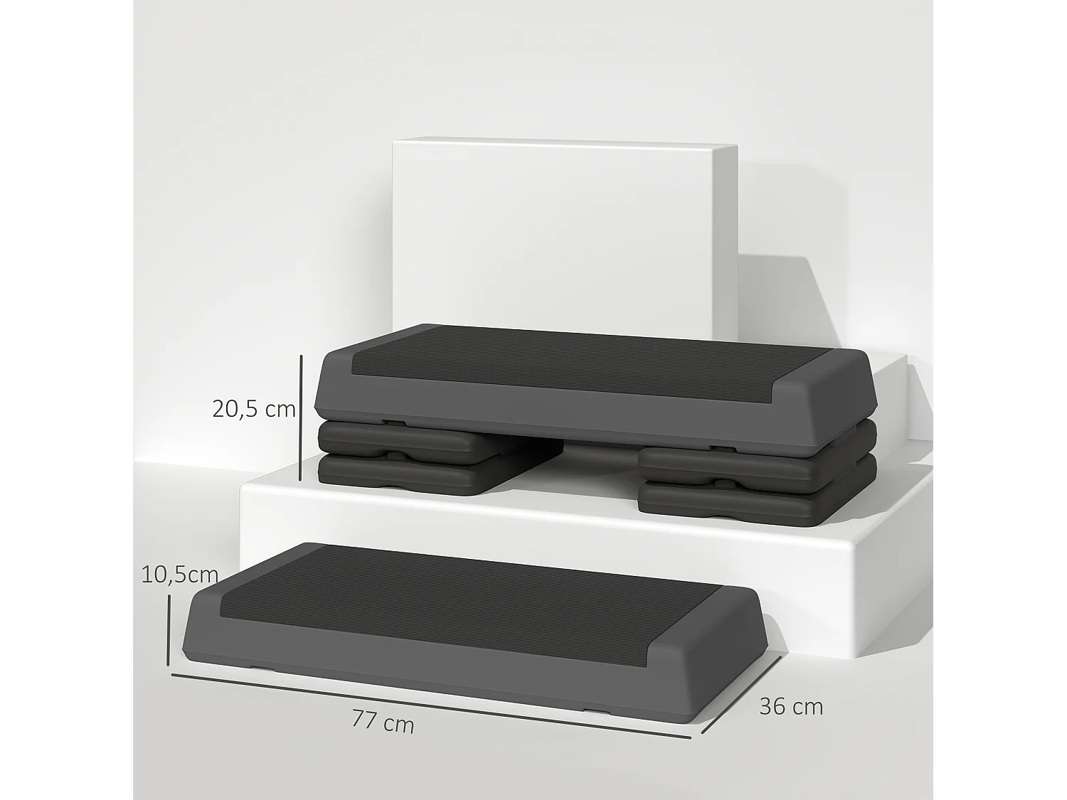 Step aérobic réglable en hauteur, antidérapant, plastique, gris (77x36x20.5cm)