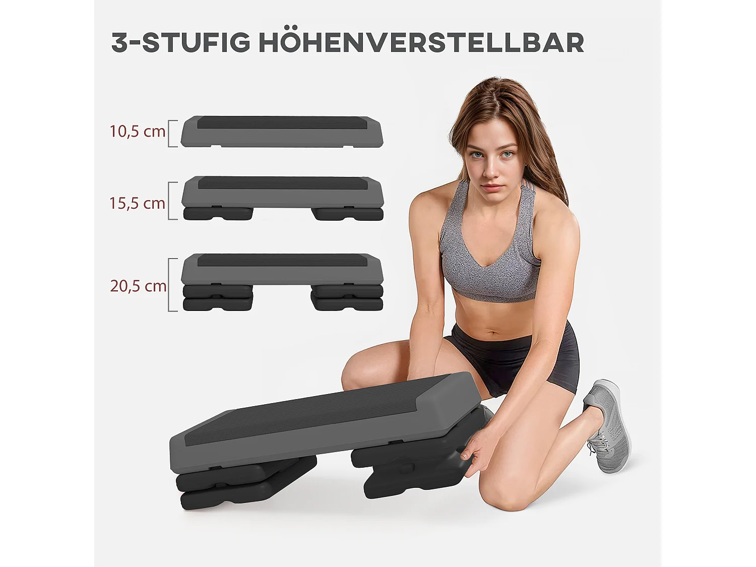 Step aérobic réglable en hauteur, antidérapant, plastique, gris (77x36x20.5cm)