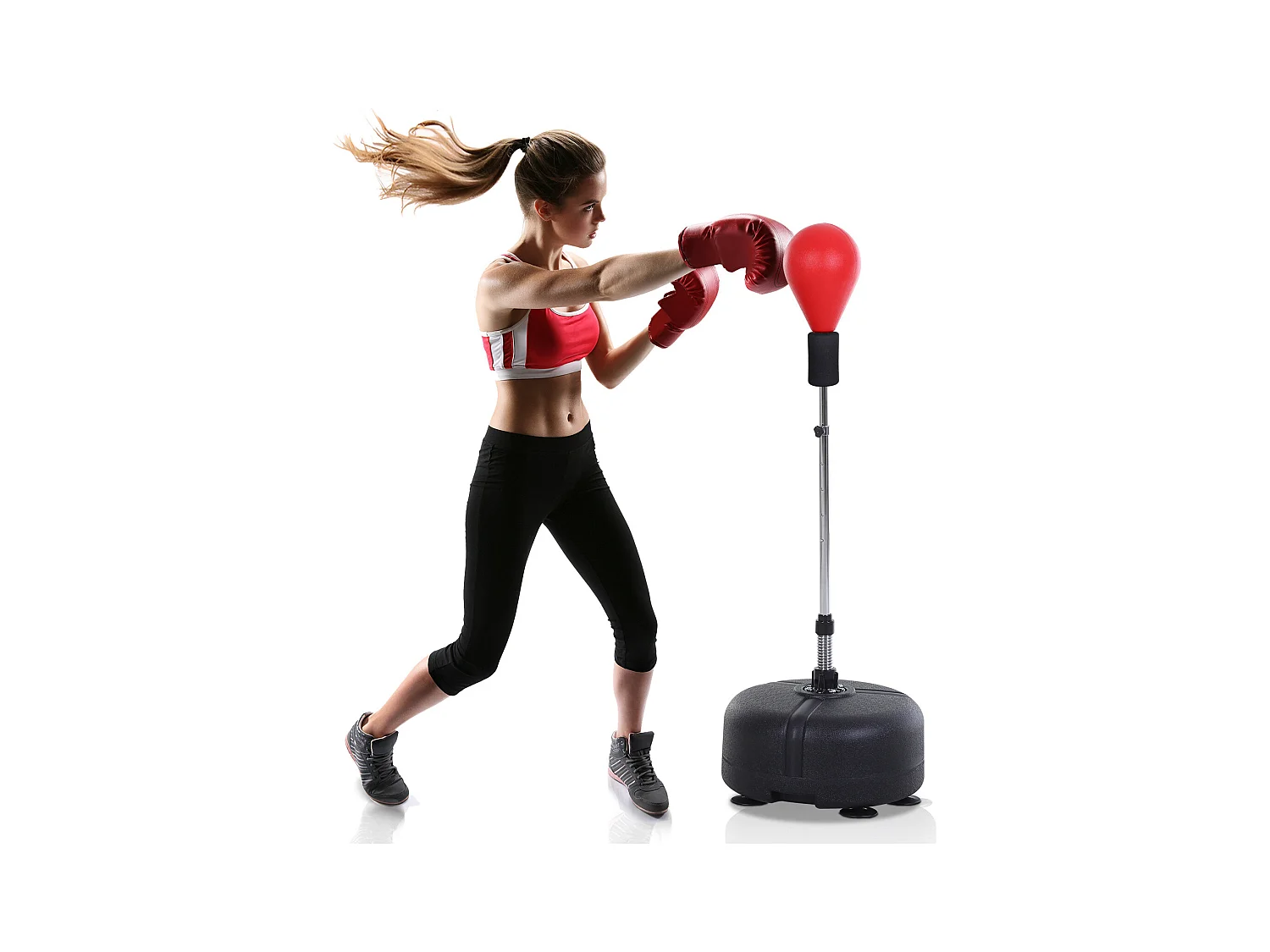 Punchingball avec support, ajustable en hauteur 136-154 cm, cuir synthétique, rouge (48x48x154 cm)