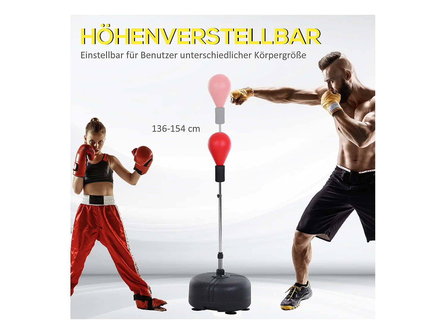 Punchingball avec support, ajustable en hauteur 136-154 cm, cuir synthétique, rouge (48x48x154 cm)